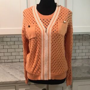 New Lisette L Cardigan Sweater Set Womens Medium Peach Full Zip Crochet Luxury